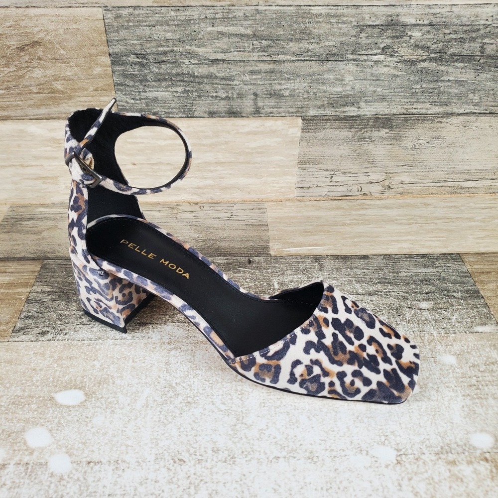 Pelle Moda Alana Womens Pumps Sz 5 M Black Leopard Print Ankle Strap Block Heel